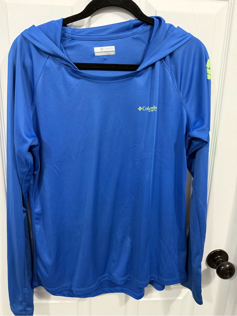 Columbia Royal Blue Hooded PFG Performance Long Sleeve with Neon Green Accents